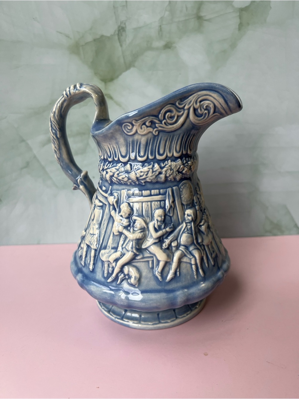 Vintage Blue & White Relief Pitcher Tam O’Shanter scene tavern and witch